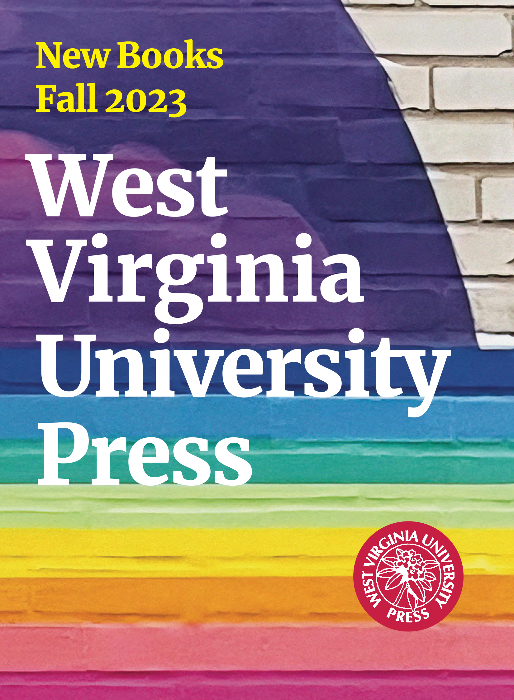 dark purple arc with a lighter purple cloud inside with rainbow colors beneath, text in yellow and white with a red WVU Press logo