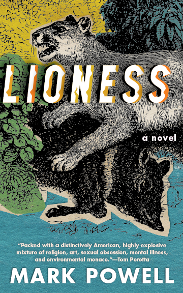 Lioness novel cover: a lioness attacking a boar behind white text