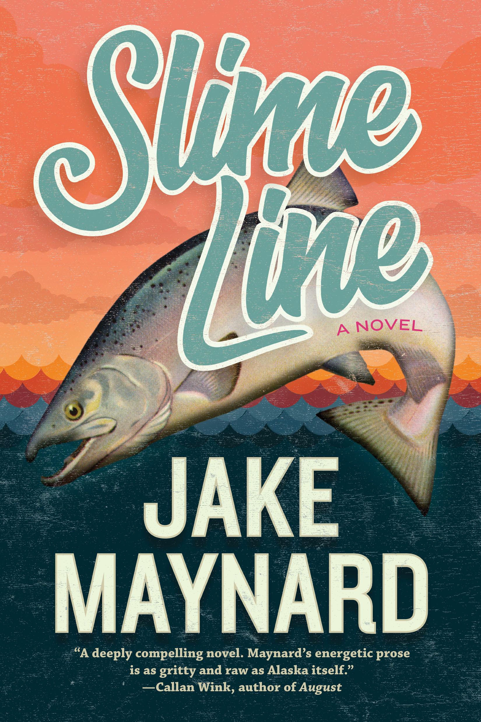 illustration of a leaping coho salmon against a stylized background of a salmon-colored sky and dark blue ocean, with the text Slime Line in a bold handwriting font in a blue-green color with a white stroke around the letters